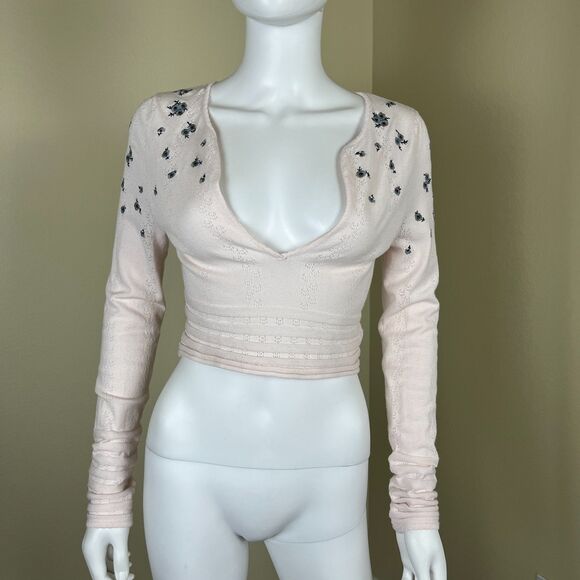 Free People Women Size M Pink Chilled Out V-Neck Crop Floral Embroidered Top - Picture 9 of 14